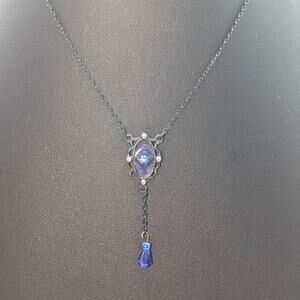 Antiqued Purple Enamel Crystal Y Drop Blackened Chain 15.5" Necklace